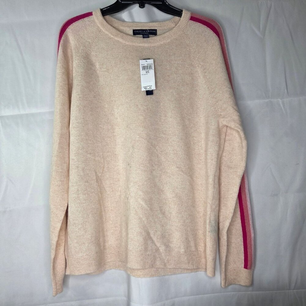 Chelsea & Theodore 100% Cashmere Crewneck Sweater - Creamy Heather/Pink